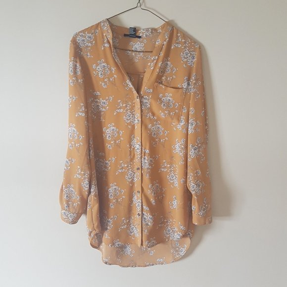 Forever 21 Yellow and White Long Sleeve Top Blouse Size Small - Picture 1 of 3